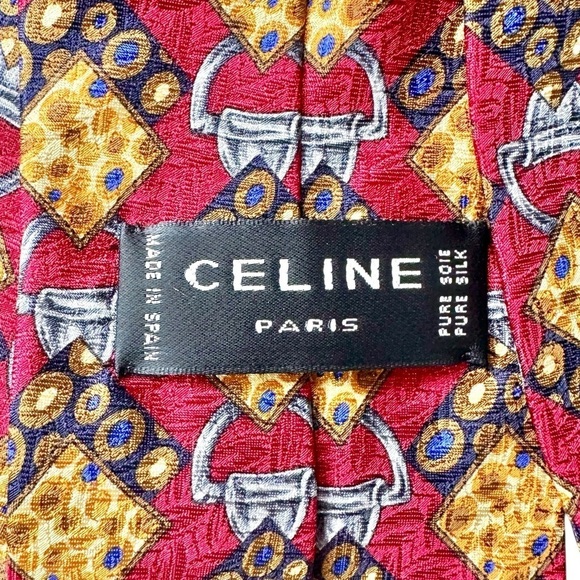 Celine Red & Gold Horse Bit 100% Silk Men’s Neck Tie - Picture 2 of 11